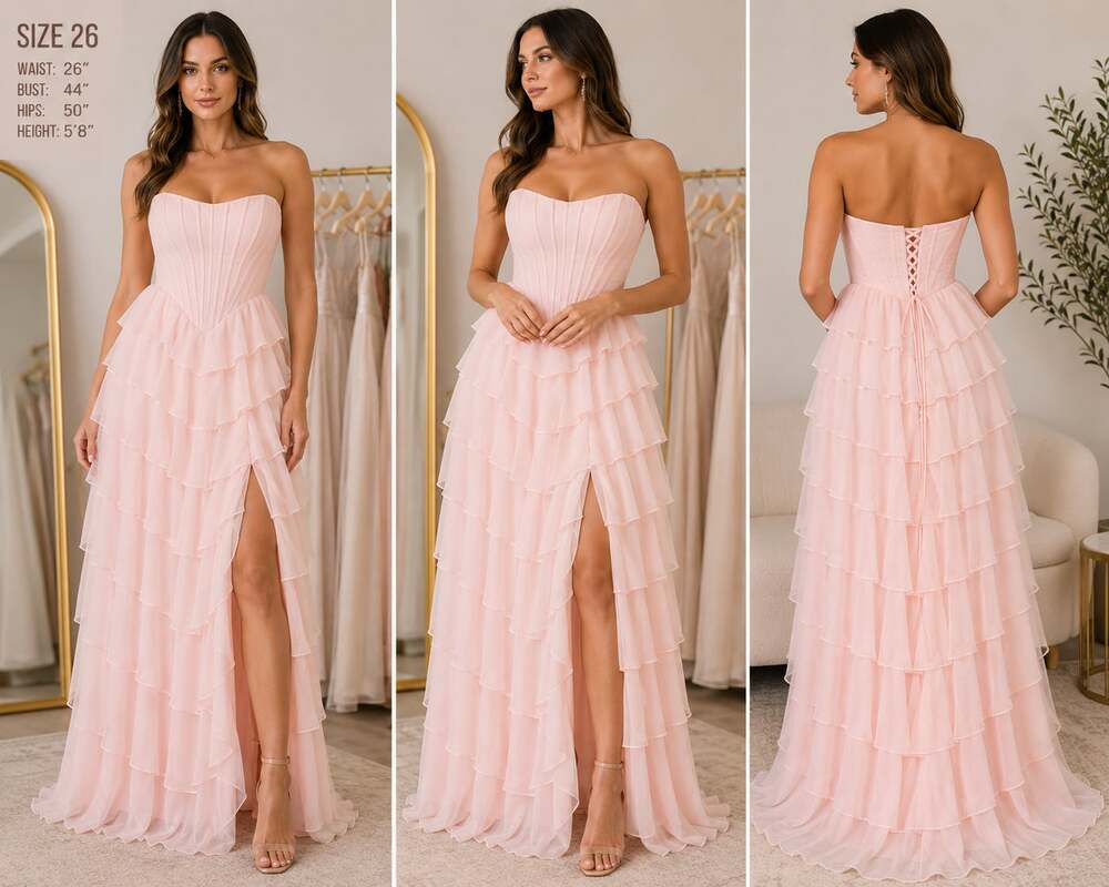 Blush Pink Strapless Corset Bodice Tiered Ruffle Chiffon Prom Gown